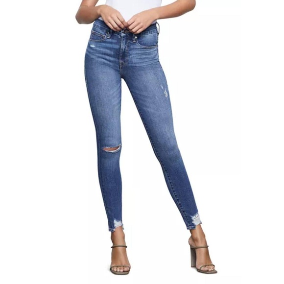 GOOD AMERICAN Womens Good Waist Chewed Hem Skinny Jeans in Blue349 Size 6/28 - Picture 1 of 8